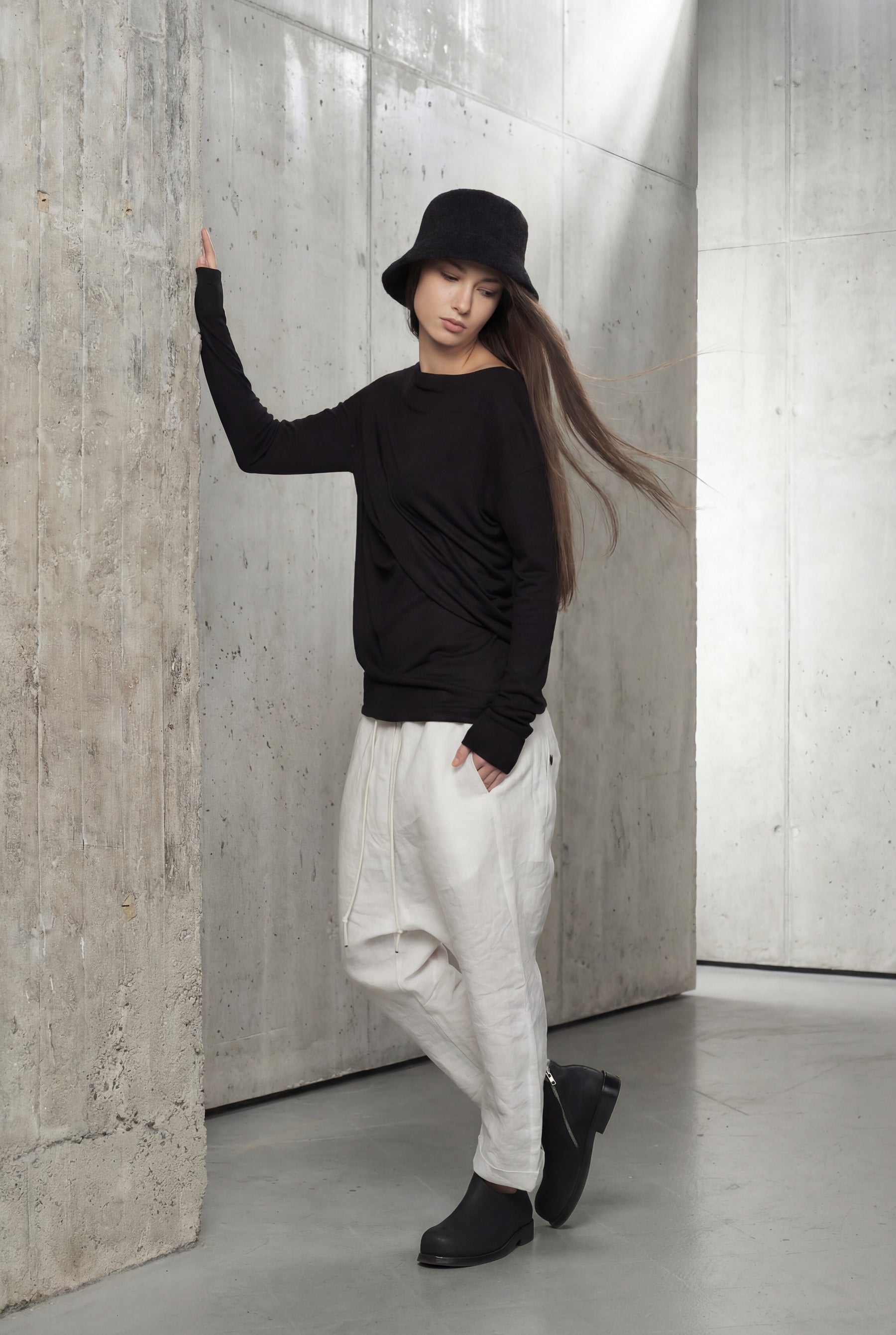 BLACK DRAPED WRAP LONG SLEEVE TOP