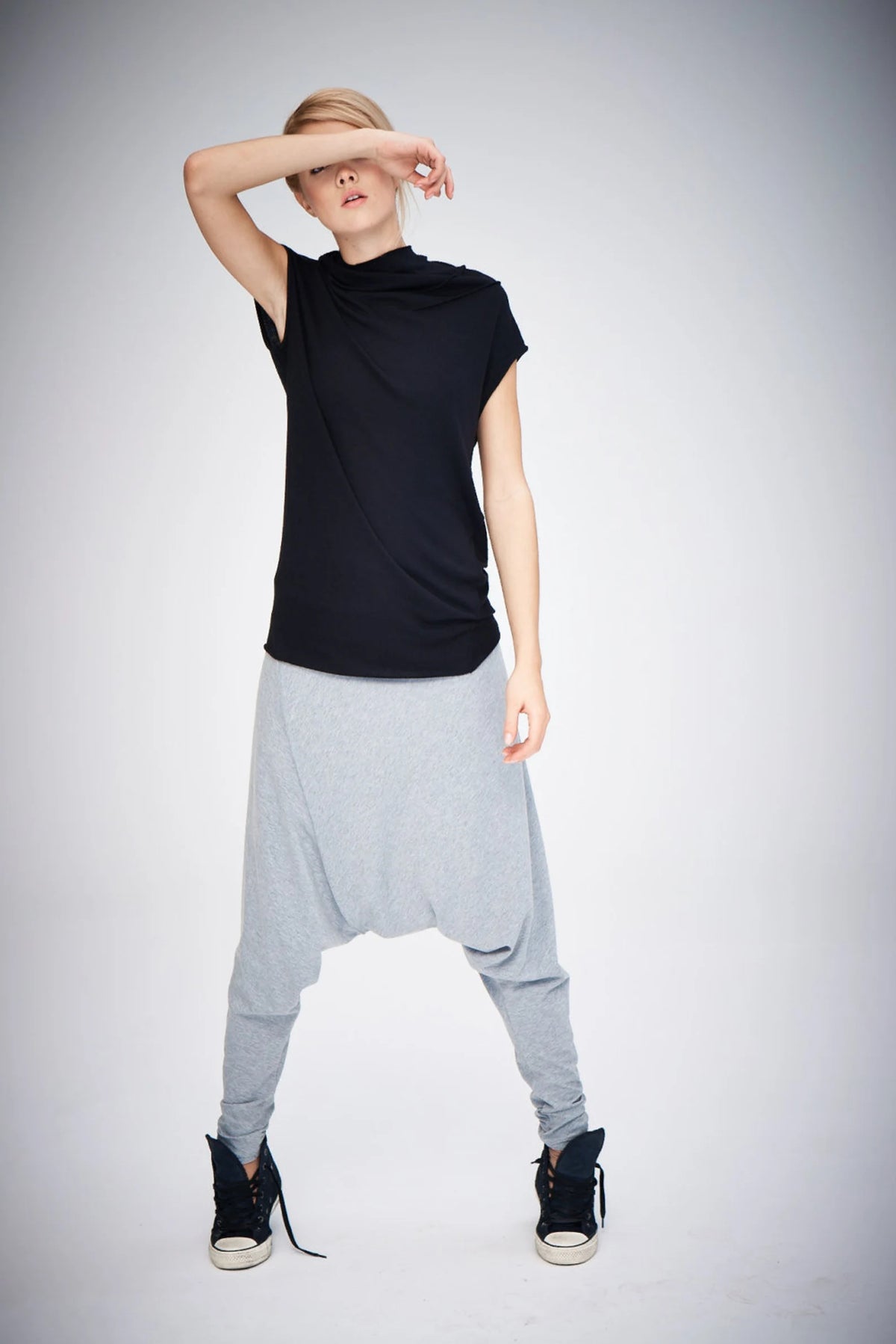 BLACK DROP CROTCH COTTON PANTS