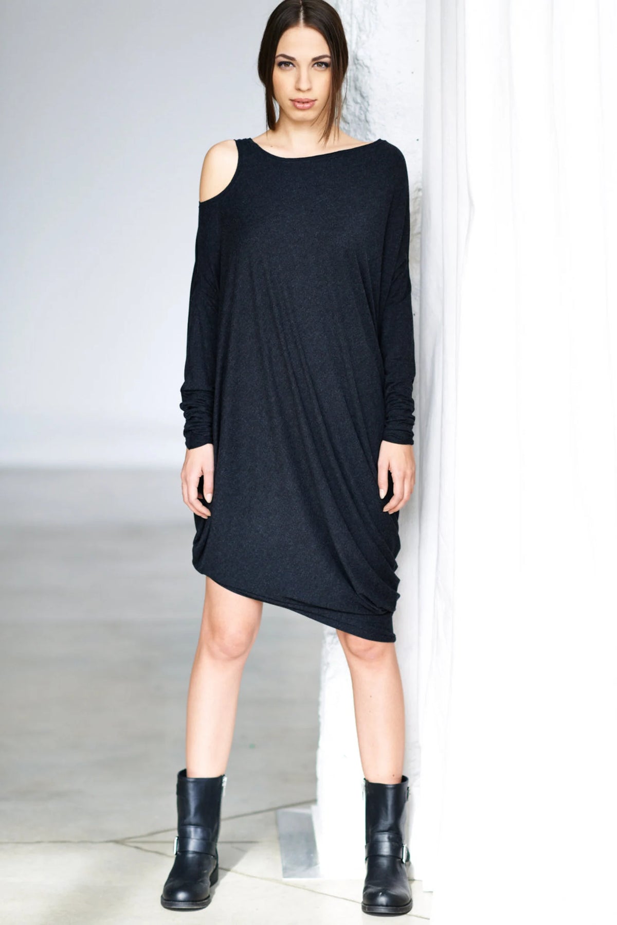 LONG SLEEVE CHARCOAL DRAPED DRESS