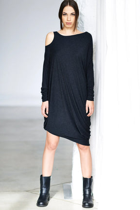 LONG SLEEVE CHARCOAL DRAPED DRESS