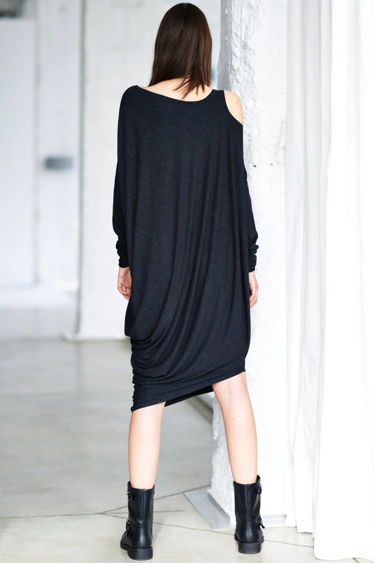 LONG SLEEVE CHARCOAL DRAPED DRESS