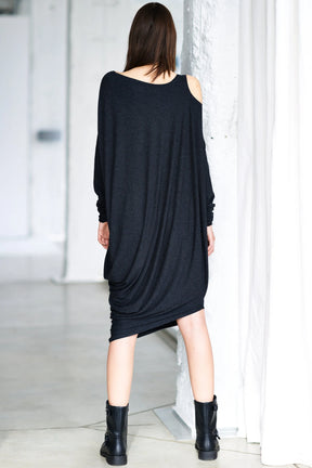 LONG SLEEVE CHARCOAL DRAPED DRESS