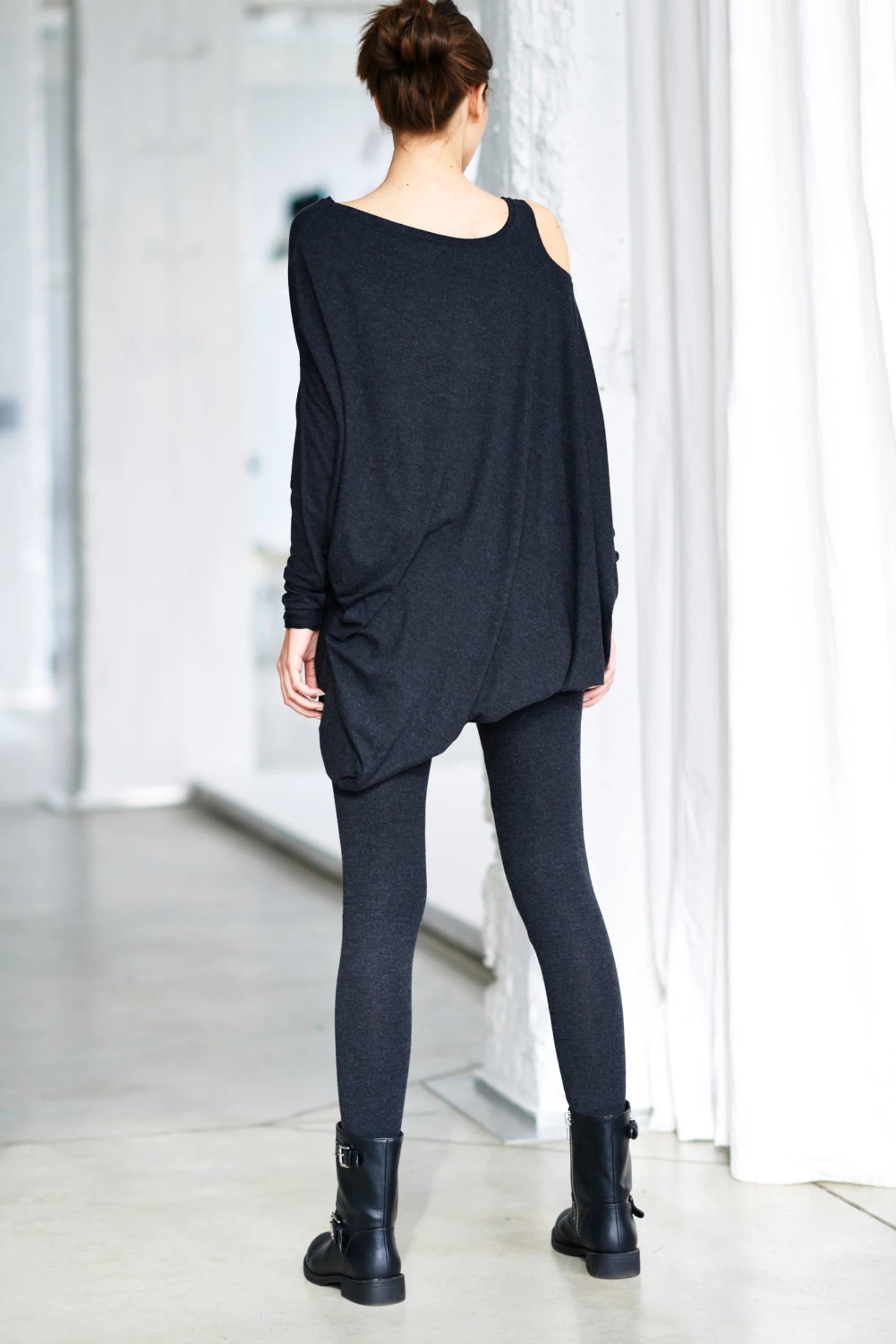 LONG SLEEVE CHARCOAL DRAPED DRESS