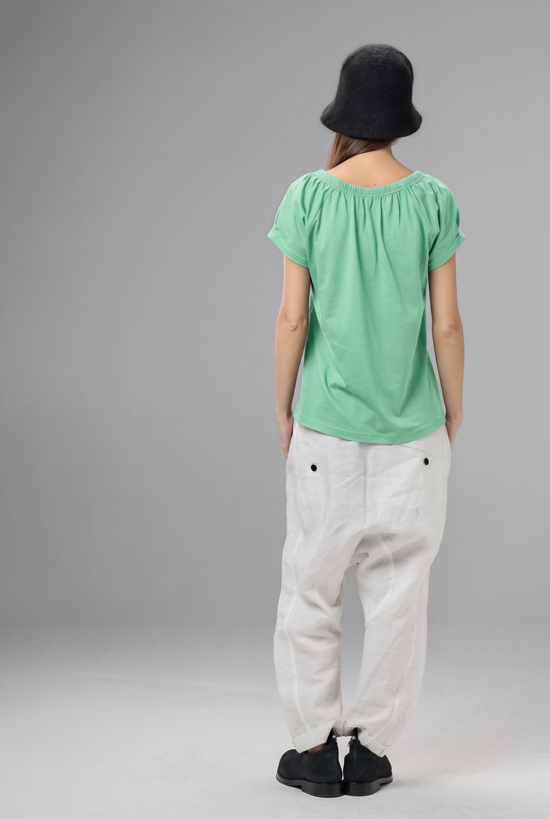 GATHERED NECKLINE SHORT SLEEVE MINT GREEN TOP