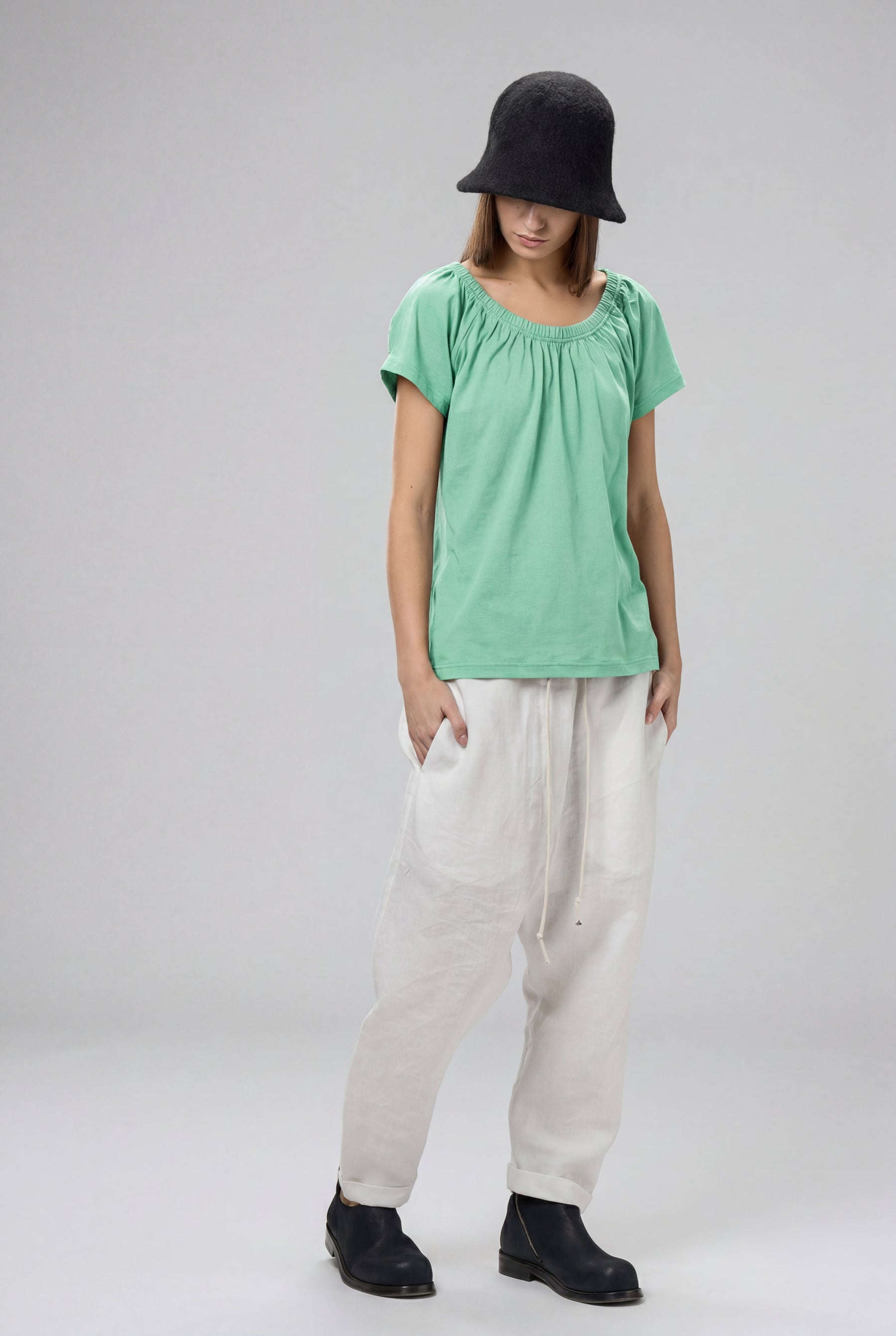 GATHERED NECKLINE SHORT SLEEVE MINT GREEN TOP