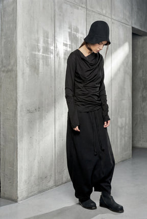 BLACK WIDE DROP CROTCH COTTON PANTS