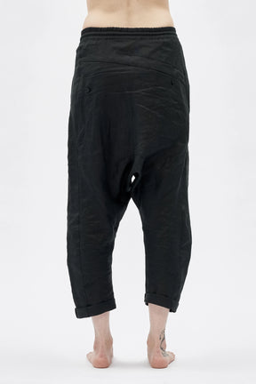 BLACK DROPPED CROTCH LINEN PANTS