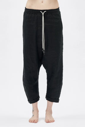 BLACK DROPPED CROTCH LINEN PANTS