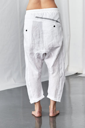 BLACK DROPPED CROTCH LINEN PANTS