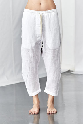 BLACK DROPPED CROTCH LINEN PANTS