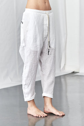 BLACK DROPPED CROTCH LINEN PANTS