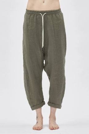 BLACK DROPPED CROTCH LINEN PANTS