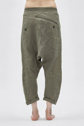 BLACK DROPPED CROTCH LINEN PANTS