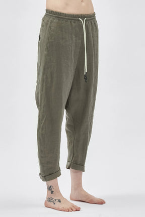 BLACK DROPPED CROTCH LINEN PANTS